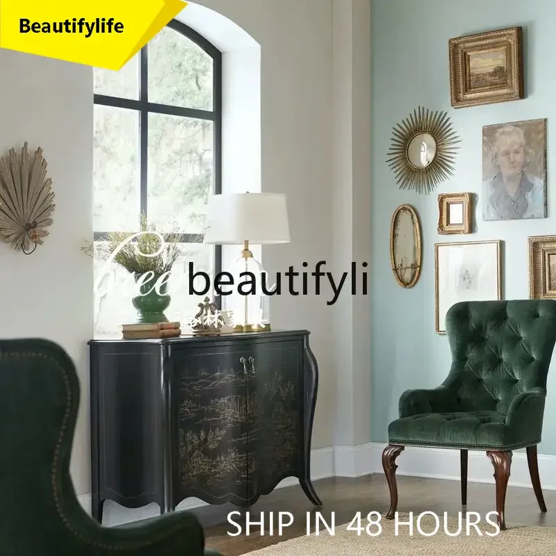 

A45 Retro hand-painted entrance cabinet/French black solid wood double door side cabinet/American decorative cabinet