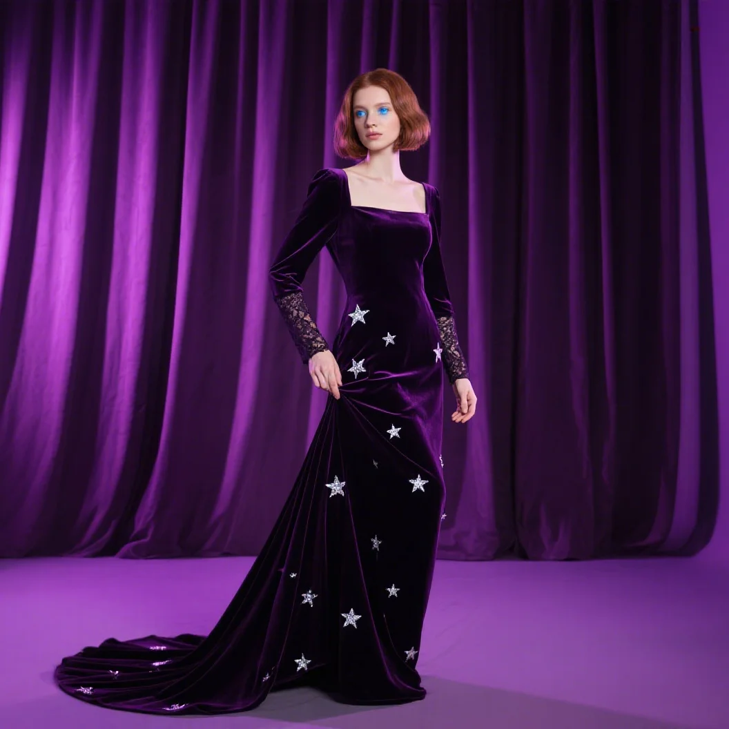 

Elegant A-line Evening Dress Velvet Long Sleeves Sequins Square Neck Sweep Train Wedding Guest Dress 2025 free customized