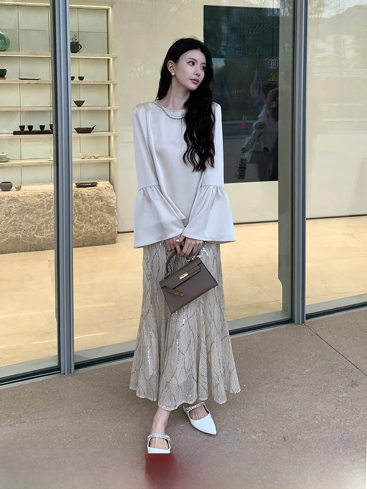 

KUN Silky Glossy Early Summer Heavyweight Satin irt Women Casual Loose Ele Design Top New Sle Polyester Fiber round N...