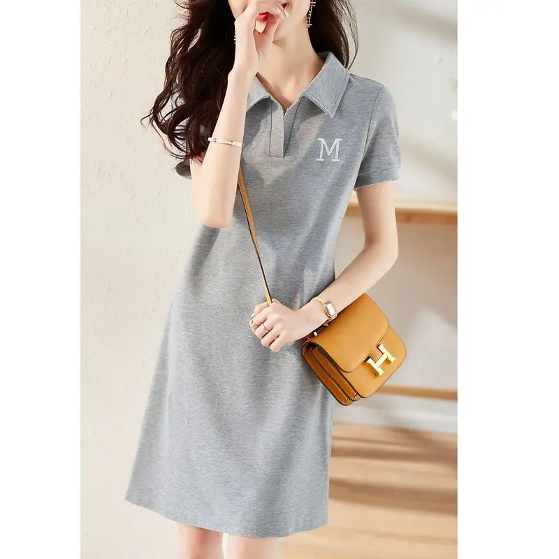 2023 Summer Trendy Gray Letter Embroidery Dresses for Women Y2K Simple Casual Polo Collar Short Sleeve Cotton T Shirt Midi Dress