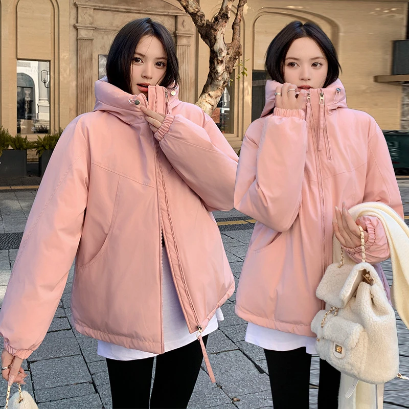 

Double Zipper Casual Hooded Cotton Jackets Women 2025 Spring Autumn New Joker Long Sleeve Jacket Solid Short Coats Female Tops