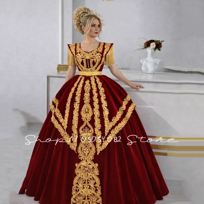 Customized Traditional Albanian Bridal Gown Burgundy Velvet Kaftan Gold Lace Embroidery Party Dress Arab Women Wedding Dress