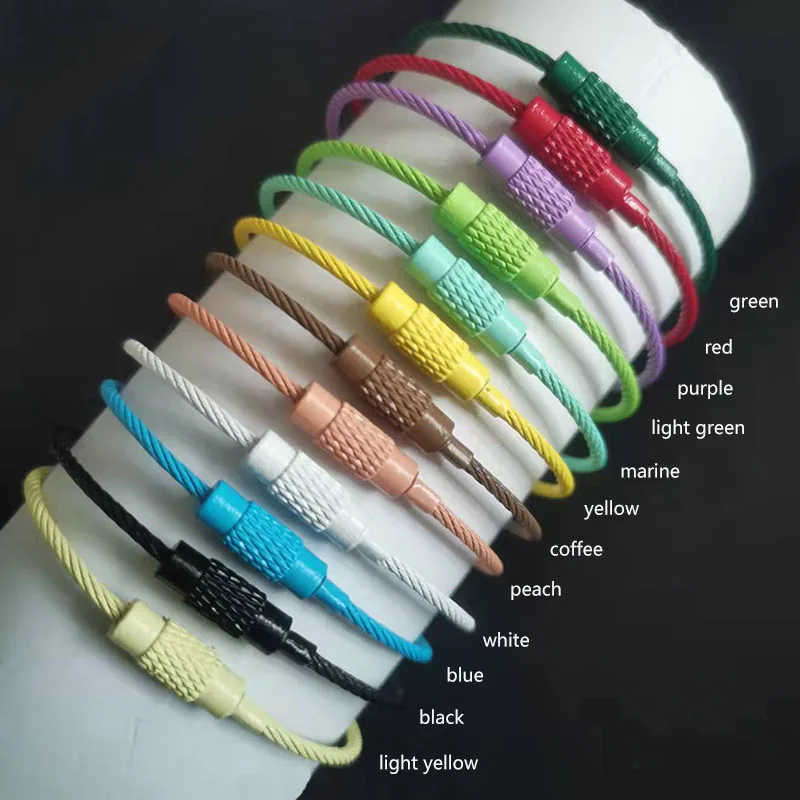 ステンレス鋼ワイヤーケーブルループ、スクリューロックガジェットリング、キーホルダー、キーリング、キーホルダータグ、ロープ、ジュエリー結果、ロットあたり12個、1.5x15mm