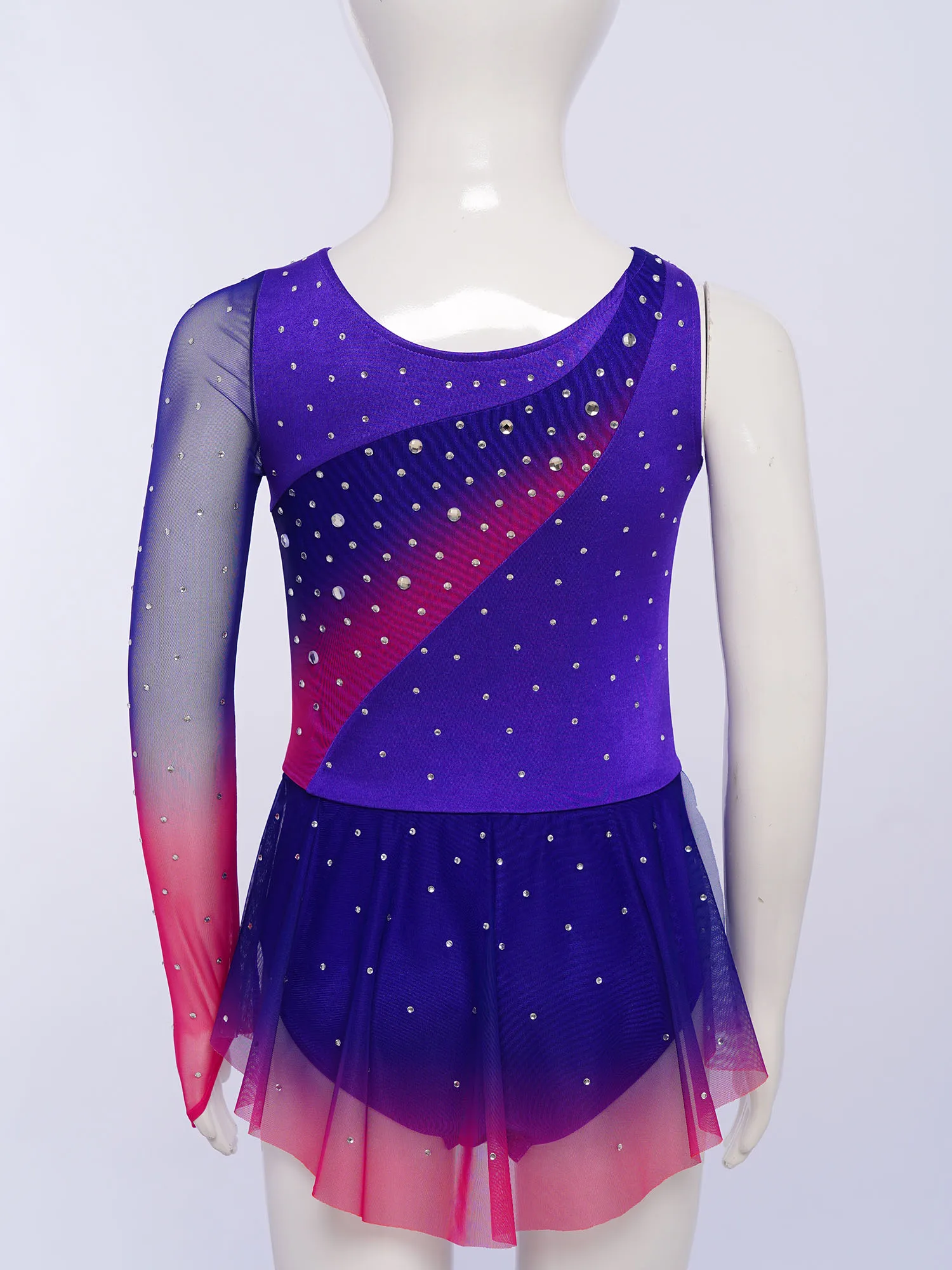 Kids Girls Lyrical Dance Figure Skating Leotard Dress Gymnastics Acrobatics Ballet Costume Shiny Rhinestone Sheer Mesh Dancewear