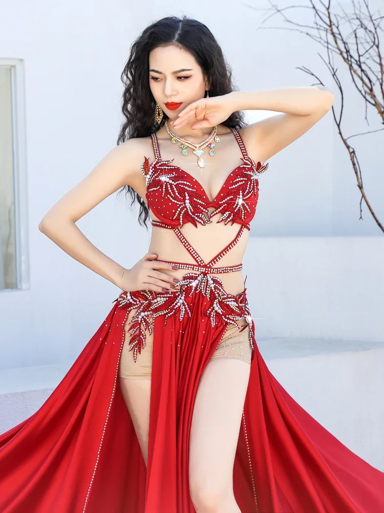 Luxury Hand Made Beaded Bra Swing Maxi Skirt Double Side Slit Sexy Women Belly Dance Costume 2 Piece Performance Clothes Show