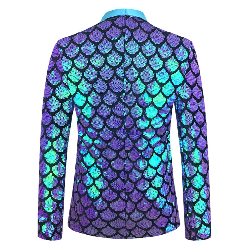 เสื้อเบลเซอร์ผู้ชายผ้ากำมะหยี่แต่งเลื่อมลายเกล็ดปลา สำหรับการแสดงบนเวที ปกผ้าคลุมไหล่ ทรงเข้ารูป กระดุมเดี่ยว เหมาะสำหรับงานปาร์ตี้ นักร้อง พิธีกร แจ็คเก็ตสูทวิบวับ