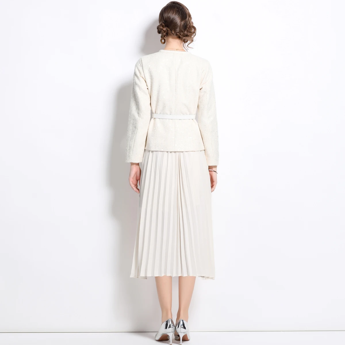Autumn Long Sleeve Crystal Two Piece Set For Women Tweed Jackets Beading Coat Pleated Midi Long Chiffon Skirts Suits Party Dress