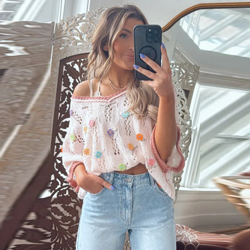 سترة نسائية برقبة على شكل حرف V موضة الربيع ثلاثية الأبعاد على شكل زهرة نصف كم بلوفر مجوف اللون متطابق مع النمط الأوروبي الأمريكي