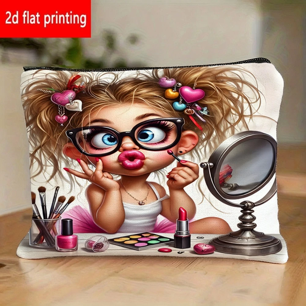 1pc Adorable Cartoon Makeup Bag with Ponytail & Glasses - Double-Sided Suitable for Travel, Camping