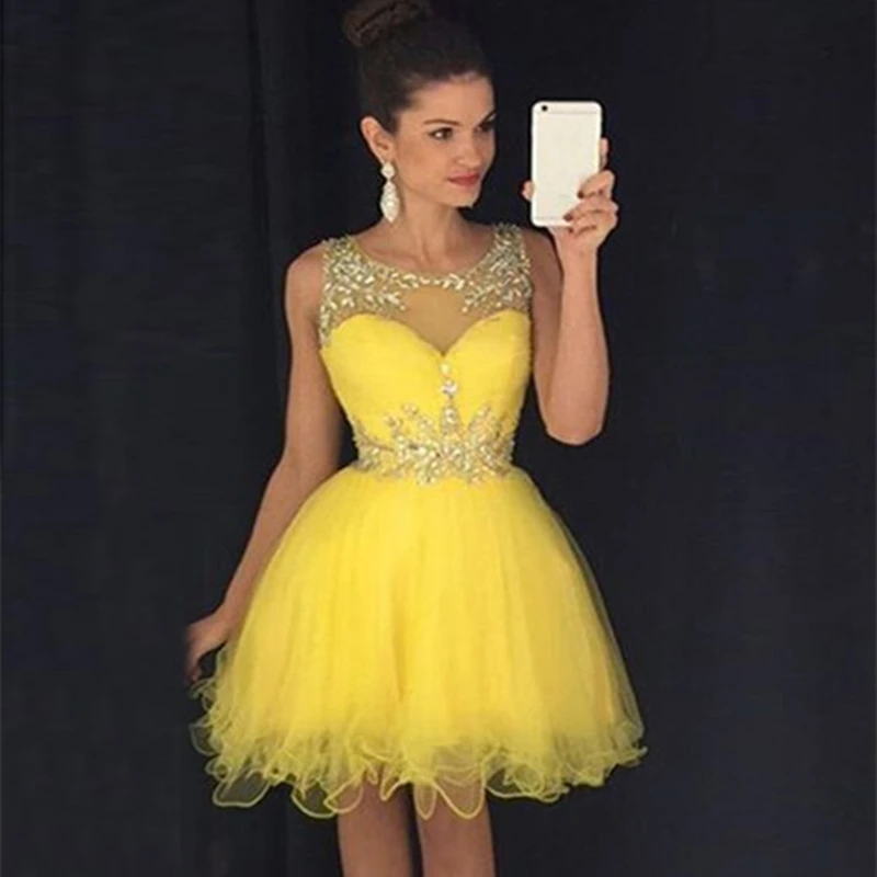 

Bealegantom Yellow Scoop Short Homecoming Dresses Sparkly Beading Tulle Mini Graudation Cocktail Formal Prom Party Gown QA157