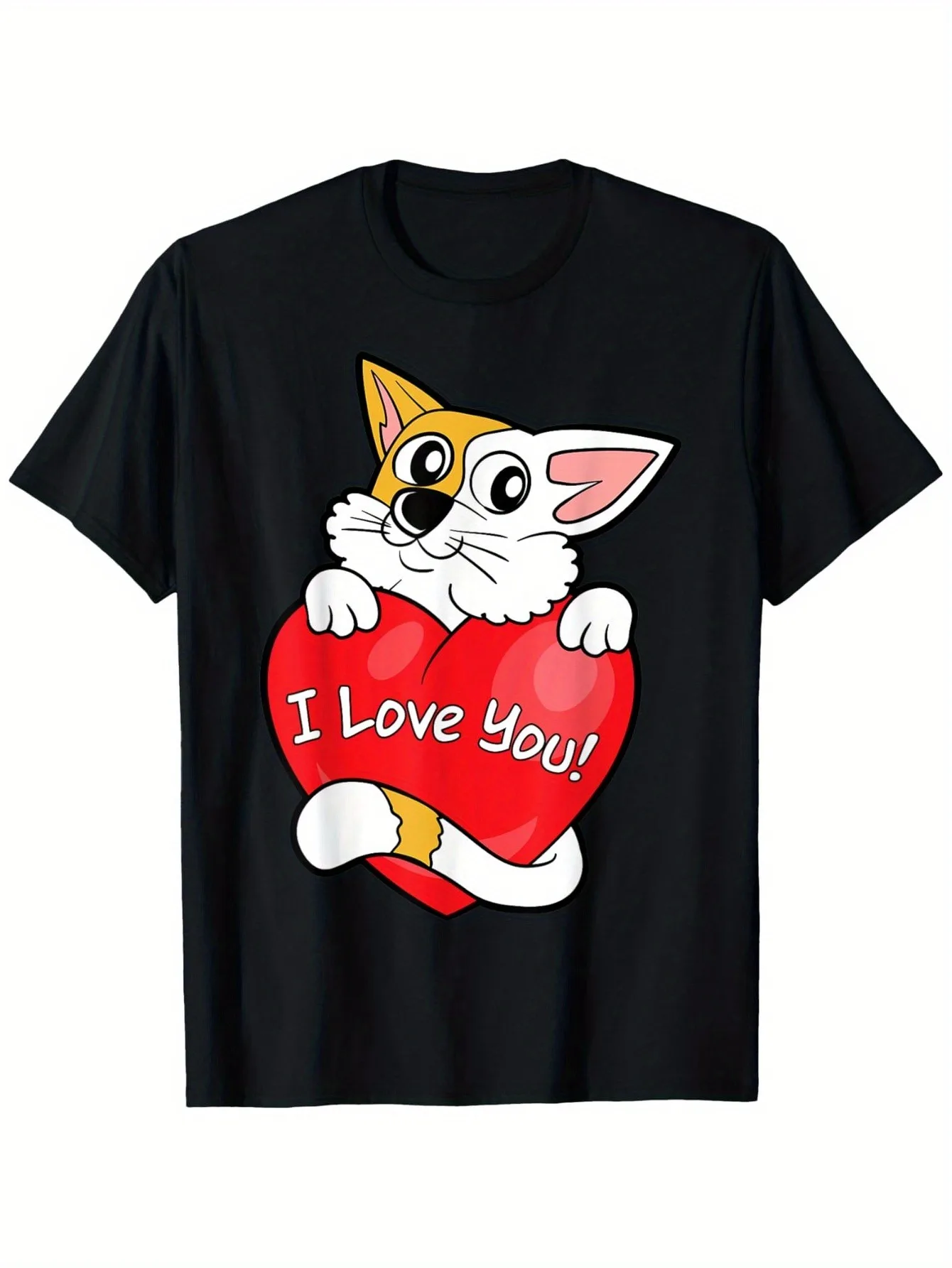 Men's Love Interest Cute Cat Heart Pattern T-shirt, The Fun "I Love You" Cat Heart Design with Paw Print Pattern - Romantic