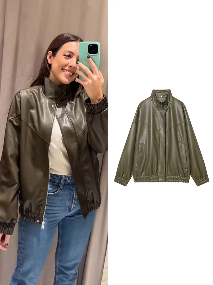 سترة جلدية شتوية بياقة واقفة للنساء كاجوال بأكمام كاملة وسحاب بلون سادة معطف قصير فضفاض للسيدات ملابس خروج عصرية