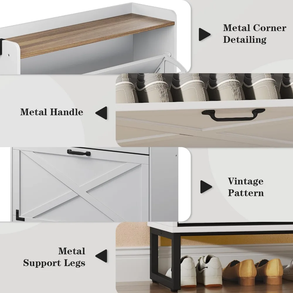 خزانة أحذية المزرعة مع درجين قابلين للطي، ولوحة خلفية، وأرفف قابلة للإزالة وخطافين متحركين، وأقدام معدنية قابلة للتعديل، ودخول ريفي
