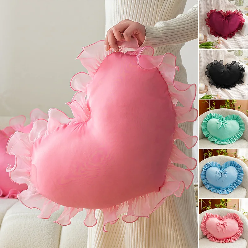 Solid Color Ruffled Heart Series Wedding Throw Pillow Cover Sofa Bed Waist PU Leather Pillowcase Living Room Bedroom Home Decor