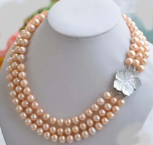 

100% Selling full HOT 3 ROW 7-8 mm PINK Pearl NECKLACE 17-19''