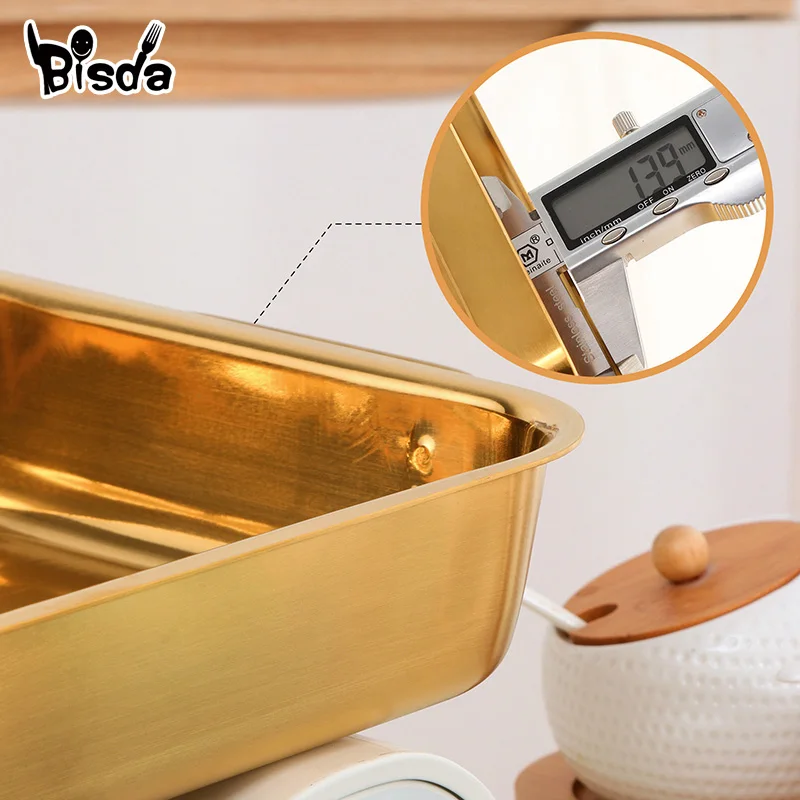 Stainless Steel Flat Bottom Golden Grilled Fish Plate Korean BBQ Tray Plate Rectangular Dumpling Dinner Baked Plate for Kitchen