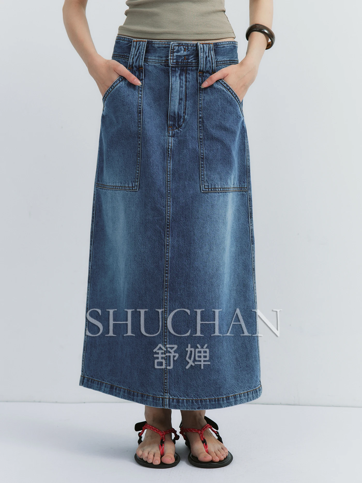 

Straight Cut Big Pocket Back Slit Denim Skirt Korean Fashion Clothing Long Skirts for Women