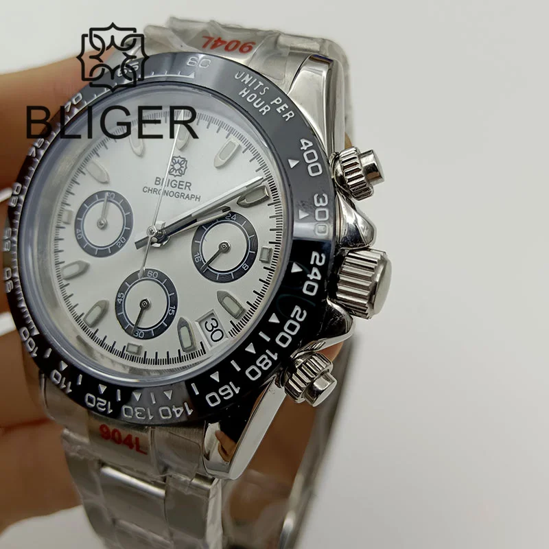 BLIGER 39MM VK63 Japan Quartz Chronograph Men's Watch White Dial Luminous Sapphire Glass Waterproof Multifunctional Steel Strap