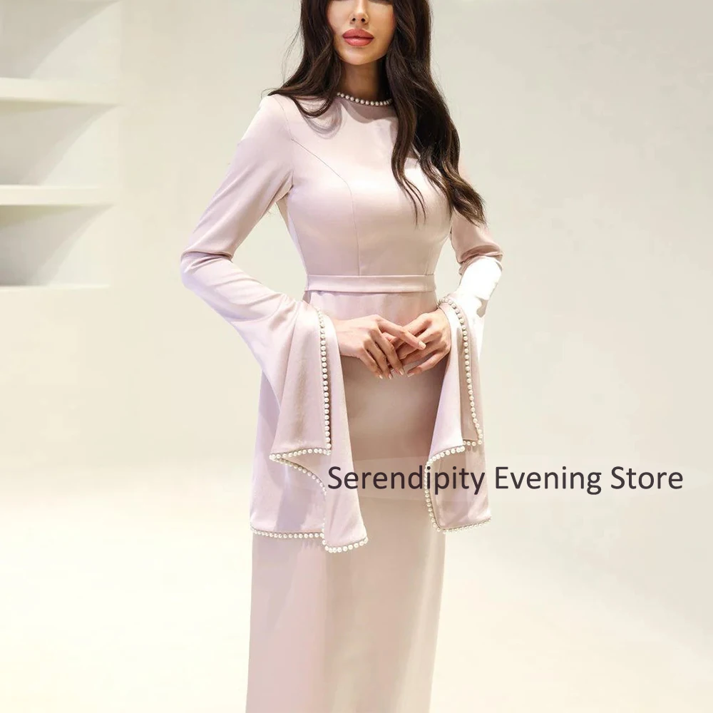 2025년 진주 장식 롱 슬리브 O넥 사우디 아라비아 웨딩 게스트 여성용 컬럼 파티 드레스, 등 트임 벨트 이브닝 드레스