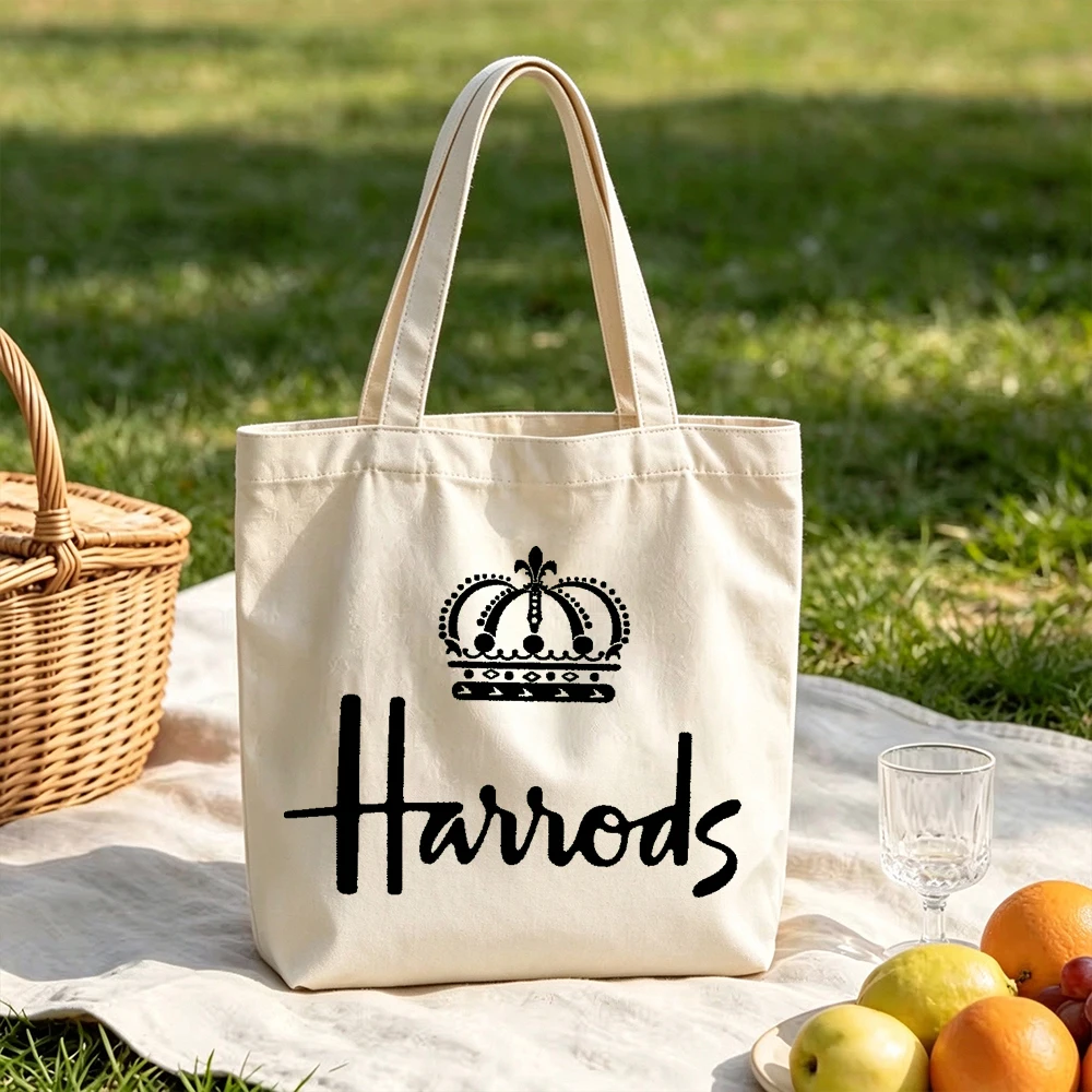 Harrods Logo Style Canvas Tote Bag Personalized Custom Logo Classic Aesthetic Grocery Shopping Bag for Women Girls Reusable Gift