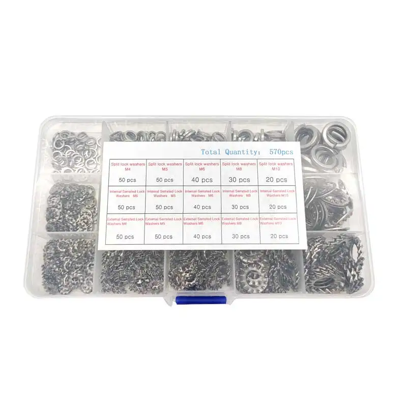 570Pcs 304 Stainless Steel External/Interna Tooth Star Lock Washers Assortment Kit M4 M5 M6 M8 M10 Spring Washers