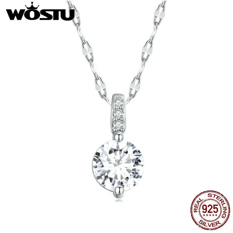 WOSTU 925 Sterling Silver Classic Big Stone Shiny Clear Zircon Charm Necklace For Women Chain Link Necklace Wedding Fine Jewelry