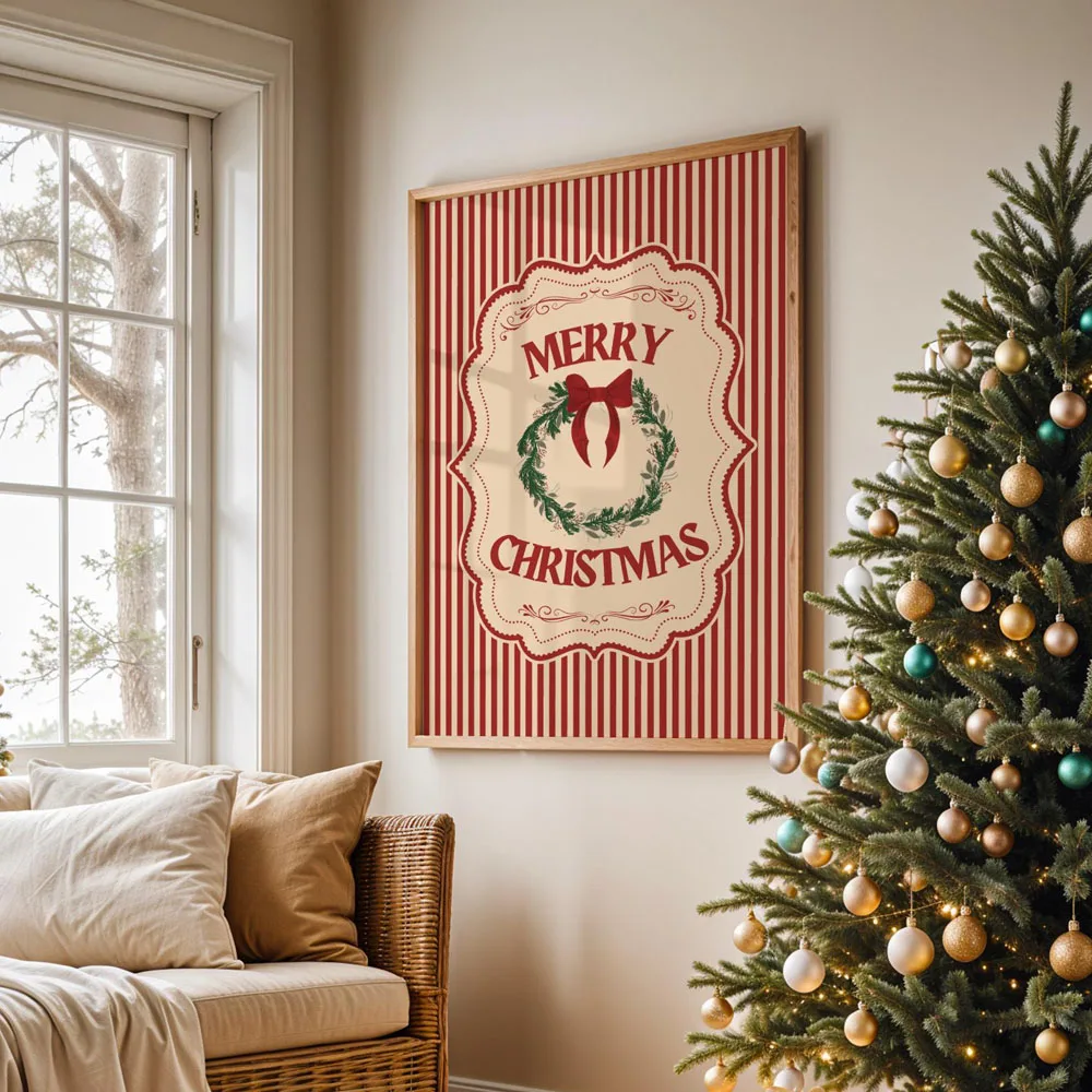 Trendy Christmas Tree Retro Santa Cocktail Poster Hello Winter Wishes Canvas Print Cozy Farmhouse Christmas Decor Seasonal Gift