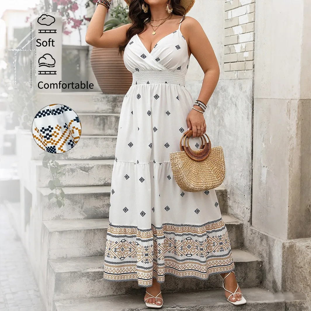 

Summer White Dress Women's Floral Printed V Neck Dresses Spaghetti Strap Smocked Waist Maxi Dress Tiered Skirt Boho Dress