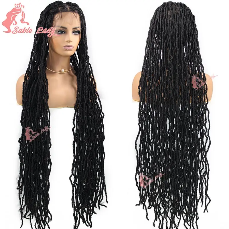 40-calowa pełna koronkowa peruka pleciona z przodu Syntetyczny motyl Faux Locs Peruka Box Braid Peruka bez węzłów Pleciona koronkowa peruka Twist Braids Wig