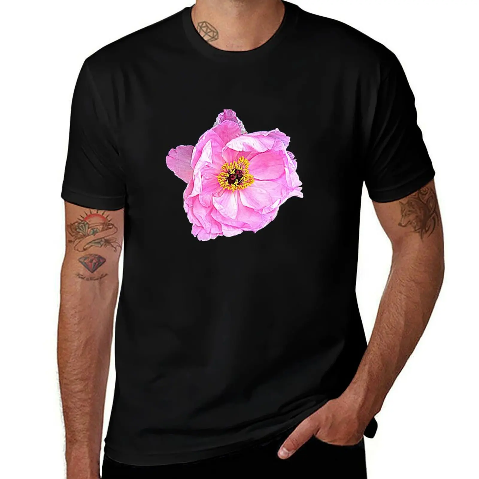 

Art66Design Flower power pink peony. Celebrate summer garden. Lacy petals and bright yellow centre. T-Shirt
