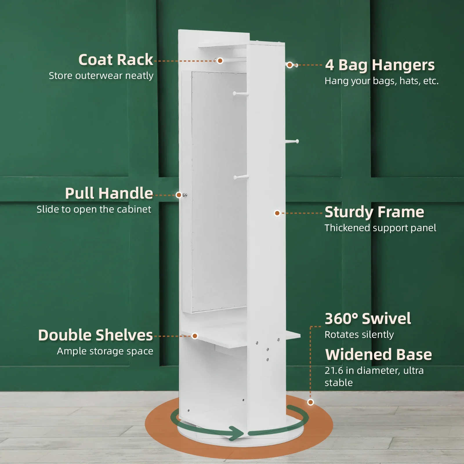 Floor-to-ceiling sliding door with acrylic storage box, 2-layer shelving, 1 coat bar and 4 coat and hat hooks