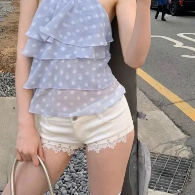 American Spice Girl Lace Splicing Low Waist Denim Shorts Summer 2026 New Hip Wrap Skinny Hot Pants