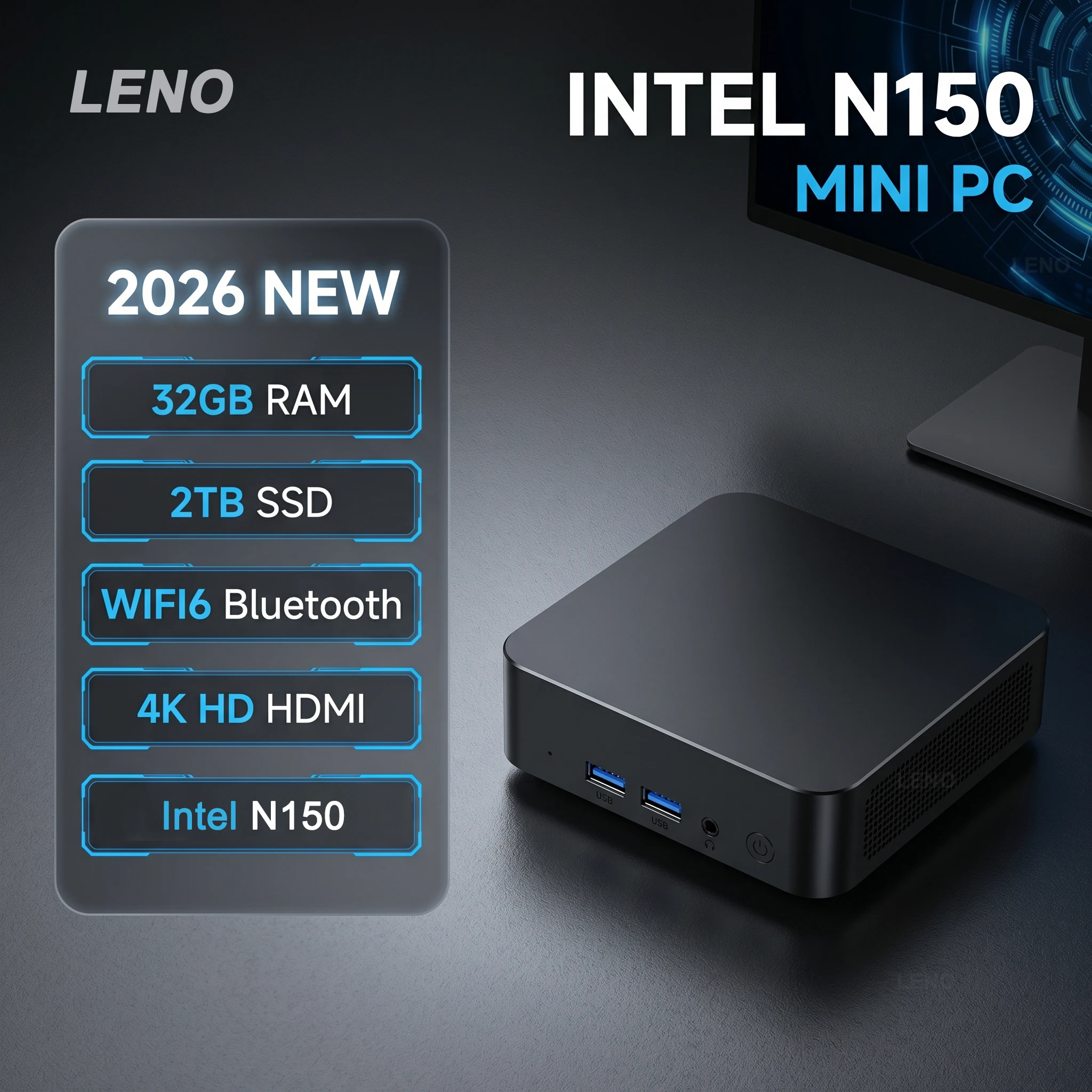 LENO NEW Mini PC Gamer Computer Windows 11 Intel N150 32GB RAM 1/2TB SSD FHD Bluetooth WiFi6 TYPE-C Gaming Office 4K HDMI