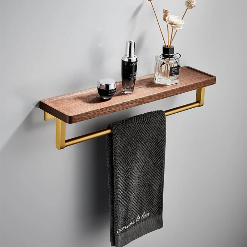 Bathroom Wall-mounted Walnut Wooden Storage Shelf Mirror Wall Shelf Daily Towel Organizer Shelf Shampoo and Shower Gel Rack