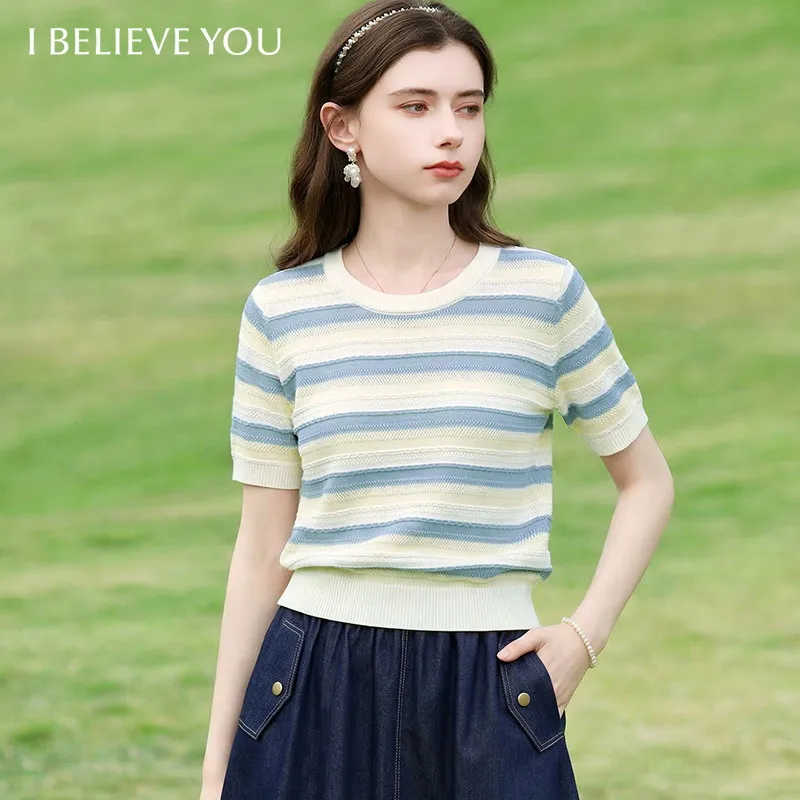 

I BELIEVE YOU Полосатая вязаная рубашка с короткими рукавами, свободного кроя, новинка лета 2026, дышащий повседневный топ с круглым вырезом для женщин 2261146397