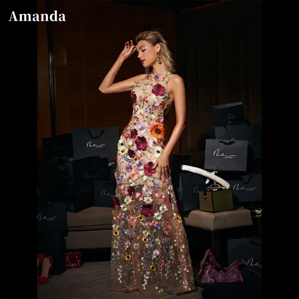 Amanda-flowerレースイブニングドレス、刺embroideredプロムドレス、クルーネック、ノースリーブ、Aライン、2層、パーティードレス