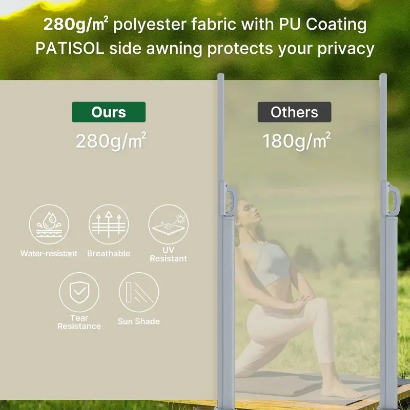 حار بيع. ميزات فريدة من نوعها مقاس 138 × 71 بوصة، مظلة جانبية قابلة للسحب من الألومنيوم، مقسم خصوصية قابل للطي في الهواء الطلق