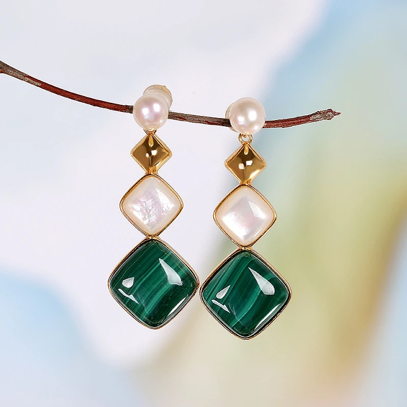 S925 sterling silver gold-plated geometric earrings with malachite inlay, fashionable female style, versatile niche ear jewelry