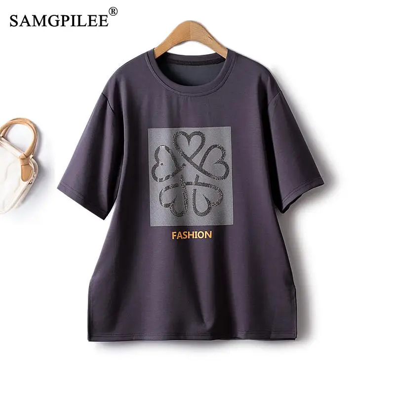 

Fashion Oversized T-shirt Heavy Industry Ironing Diamond Printing O Neck Air Cotton Short Sleeve 2023 Summer Y2k Top Women 4XL