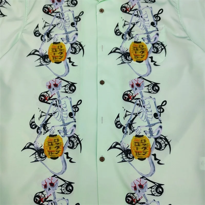 Trend Japanese Style WACKO MARIA Skeleton Lantern Drunken Loose Hip Hop Mens Womens Beach Vacation Hawaii Short Sleeve Shirt