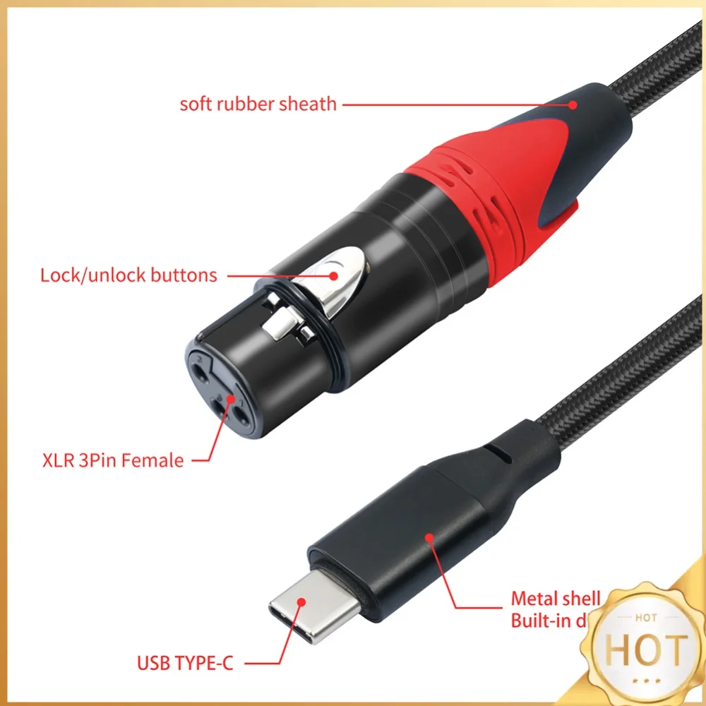 1/2/3M USB C To XLR Female Cable USB C To XLR Microphone Audio Cable USB C To XLR Female Microphone Cable for Audio Recording