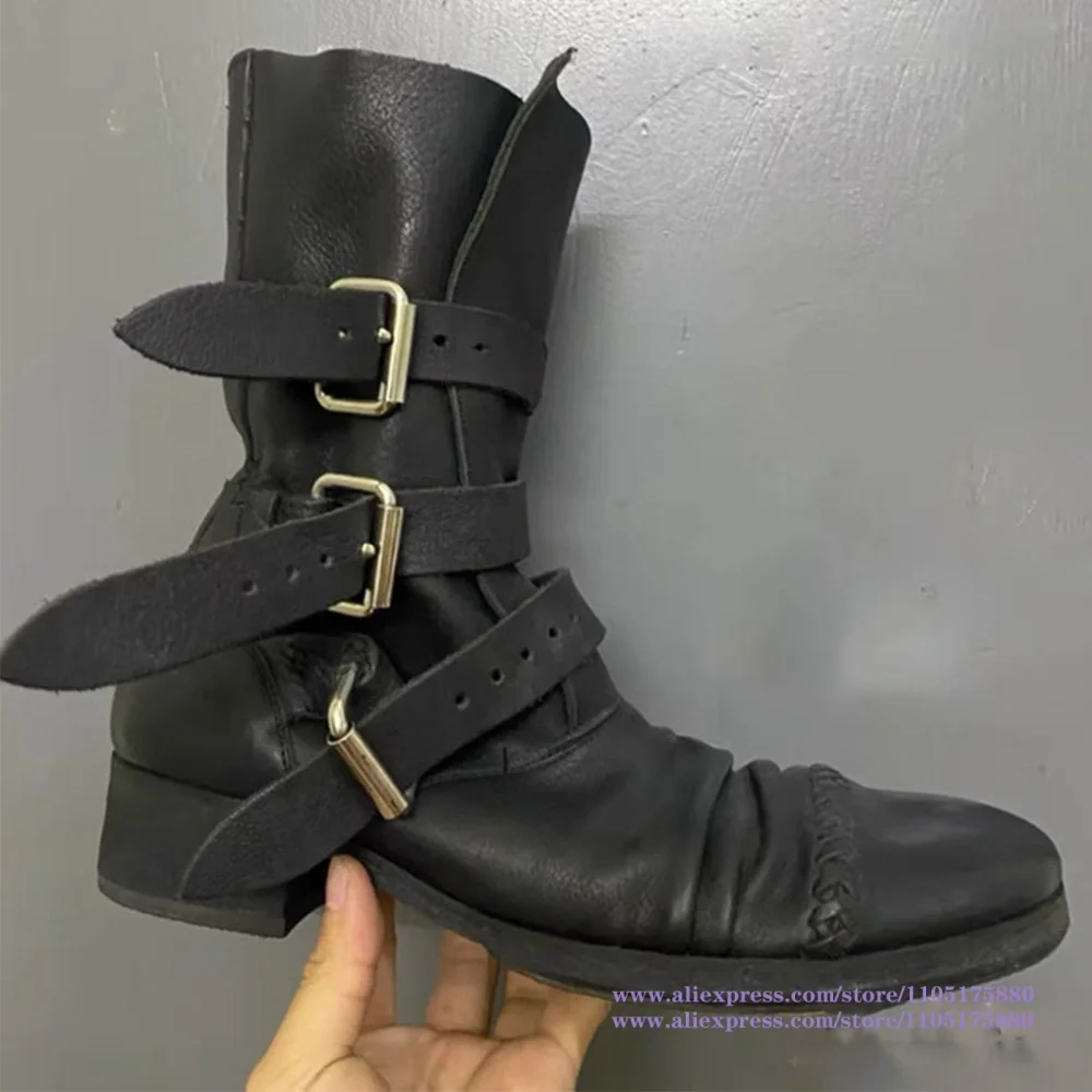 Black Buckle-Strap Leather Men's Boots Multi-Buckle Design Height-Increasing Boots Luxury Designer Men's Shoes Botas Mujer