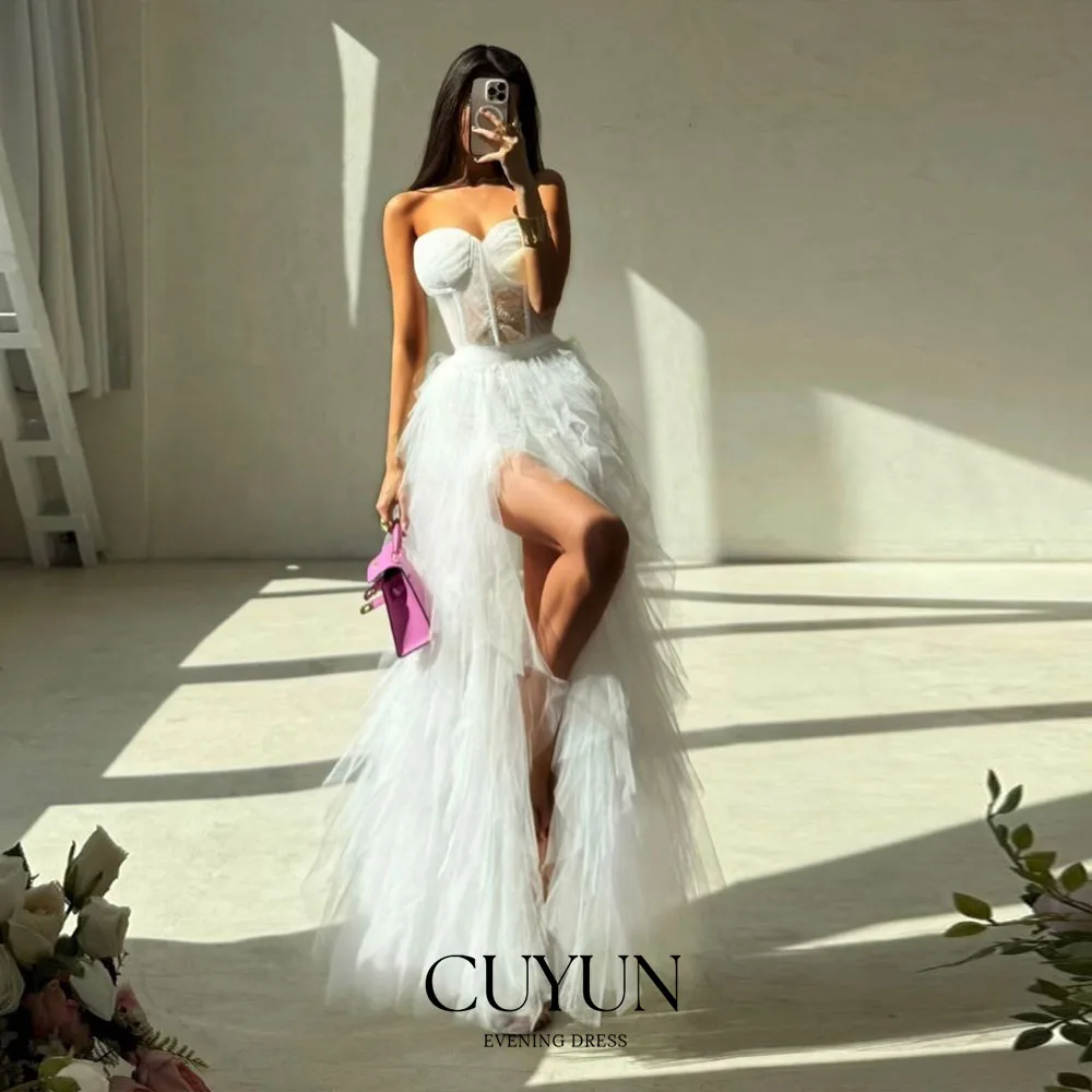 

CUYUN Роскошные длинные платья для выпускного вечера по индивидуальному заказу с высоким разрезом Милая без бретелек многоуровневое плиссированное вечернее платье женское платье для дня рождения