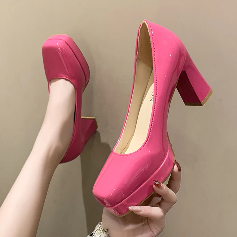 Fashion Patent Leather Pumps Women Plus Size 43 Platform Square Toe Party Shoes Woman 2024 Spring Thick High Heels Pumps Ladies