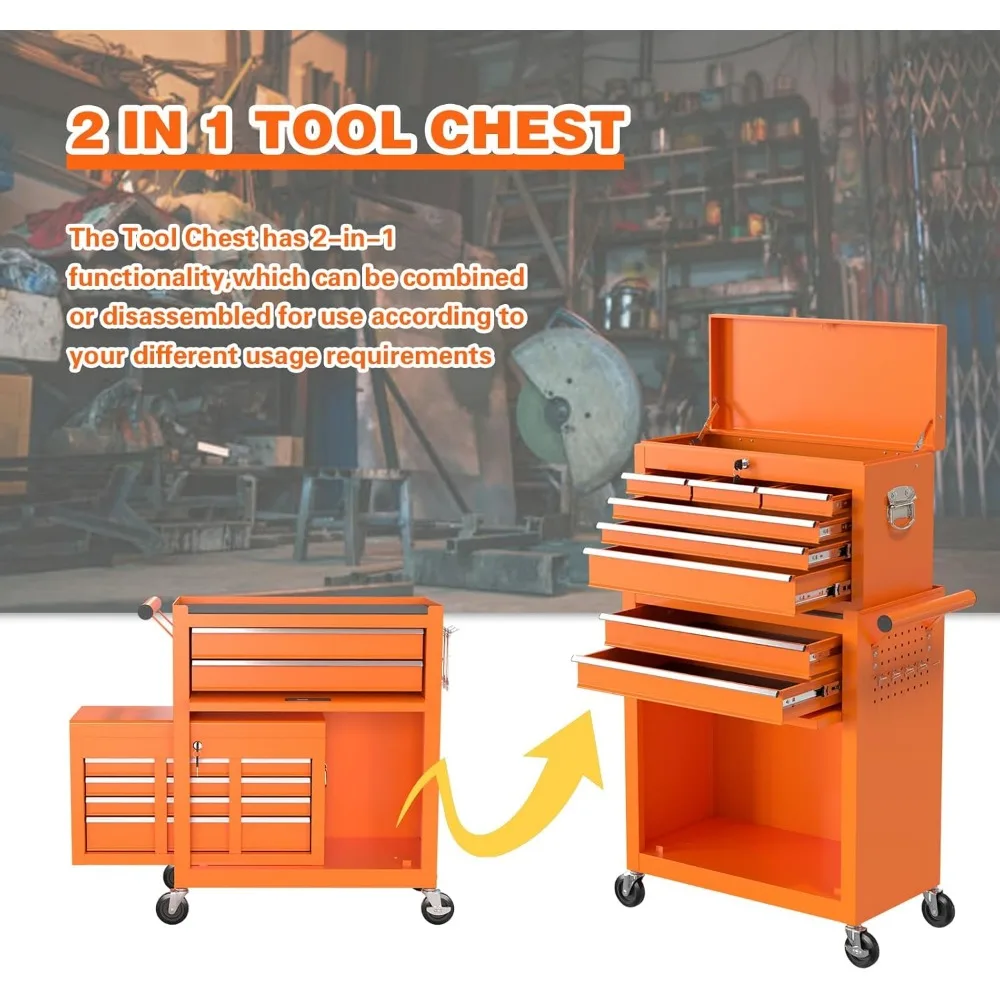 8段引き出し付き大容量ローリングツールチェスト、ガレージや倉庫での使用に適した取り外し可能なロック付き収納キャビネット