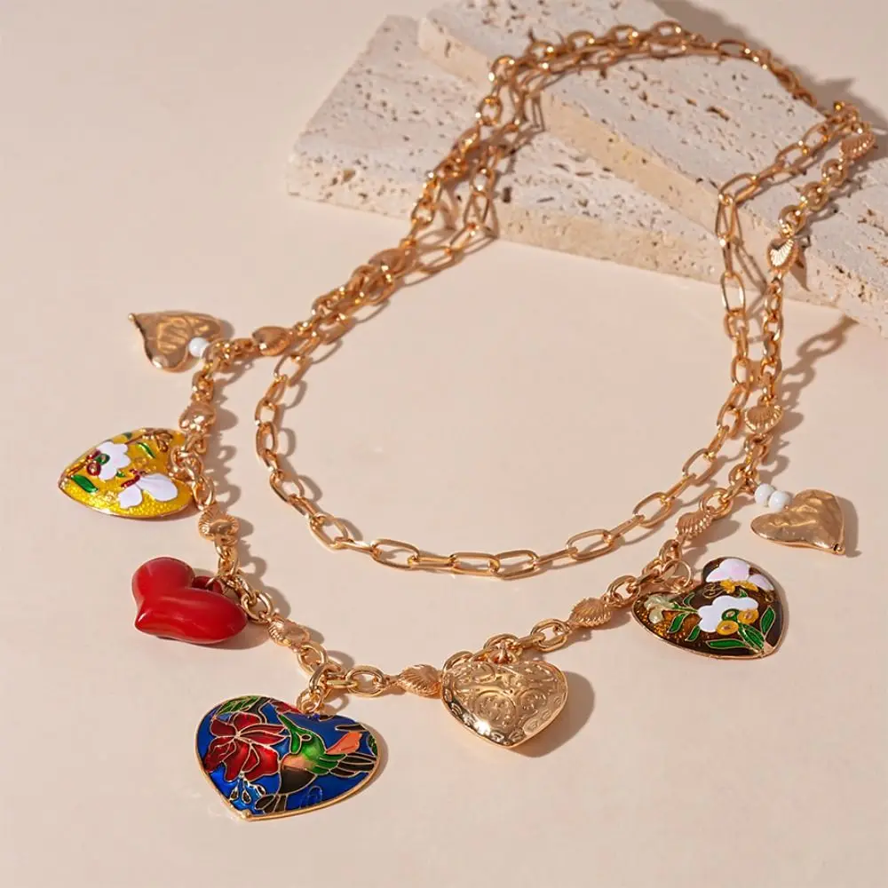 على شكل قلب كبير القلب قلادة قلادة يقطر النفط خمر طبقة مزدوجة قلادة زهرة الذهب سلسلة الترقوة الفتيات #2