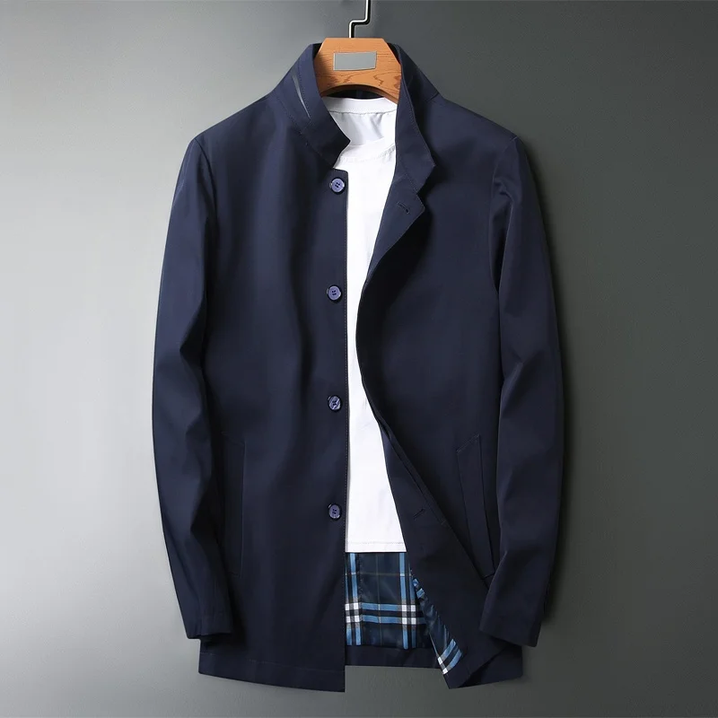 

Classic Men's Busin Casual Coat Stand Collar High End Windbreaker Autumn New Sle Pure Color Faion Men's Jaet