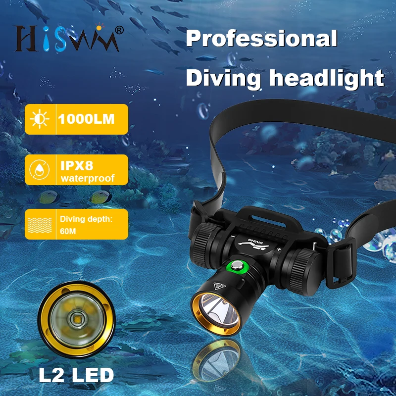 

HISWN DH100 Professional Diving head flashlight L2 LED 1000LM Ultra bright 18650 rechargeable lamp Diving Outdoor Hiking
