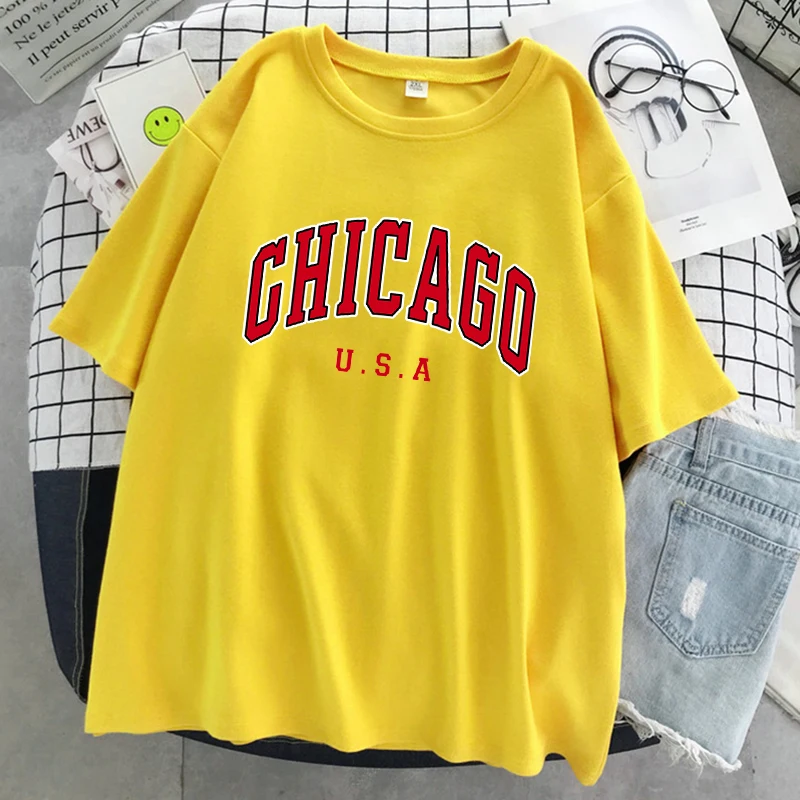 شيكاغو الولايات المتحدة الأمريكية مدينة رسالة الجرافيك طباعة المرأة تي شيرت الشارع الصيف التي شيرت عادية كم قصير تنفس تي شيرتات رائع