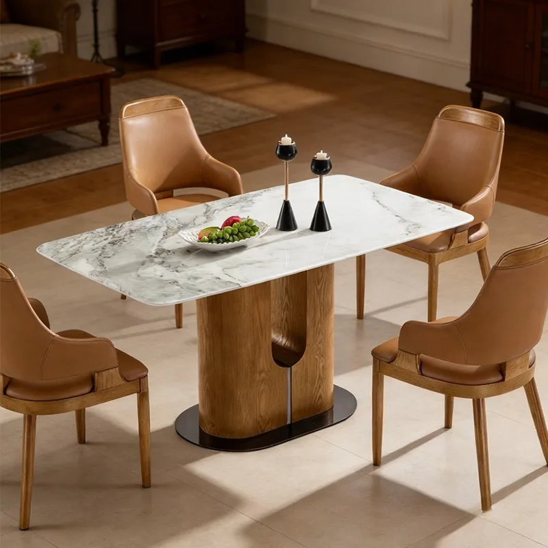 Marble dining table rectangular multi-layer solid wood base restaurant home simple high-end dining table
